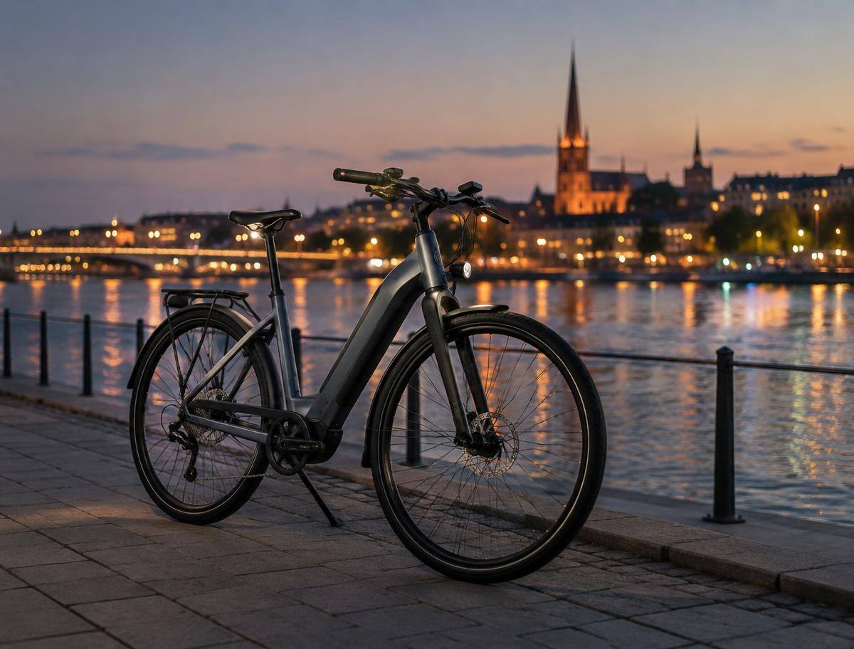 E-Bike an einer Flusspromenade in der Dämmerung