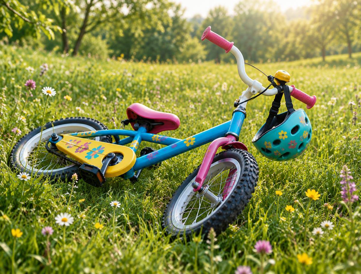 Buntes Kinderrad mit Helm auf einer Sommerwiese