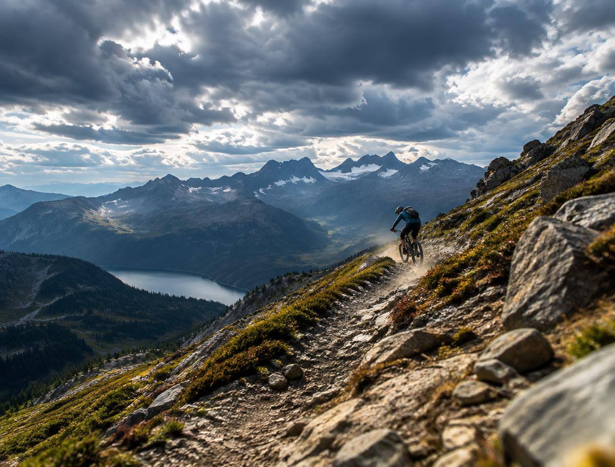 Mountainbiker auf einem felsigen Alpentrail