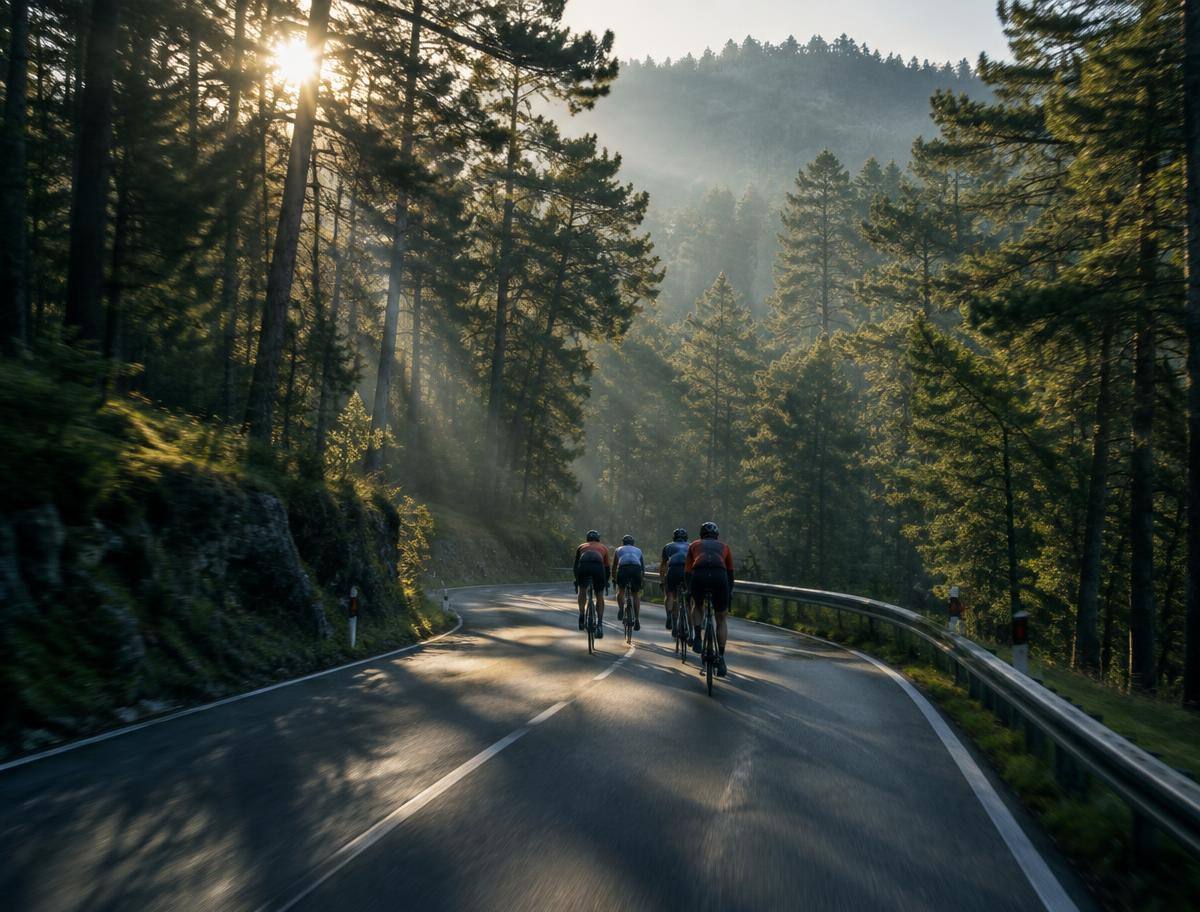 Rennradgruppe auf einer kurvigen Straße durch einen Kiefernwald im Morgenlicht