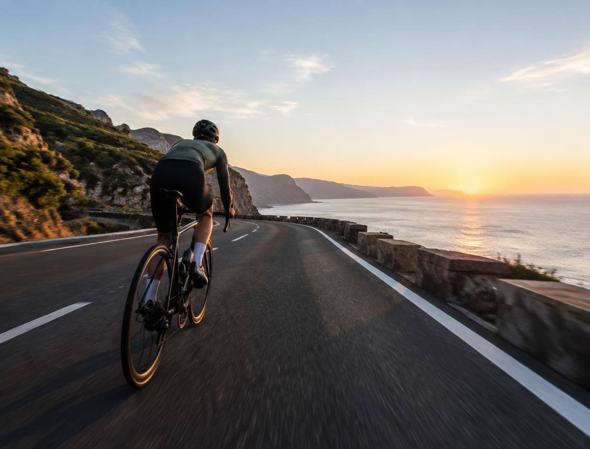 Rennradfahrer auf einer Küstenstraße bei Sonnenaufgang