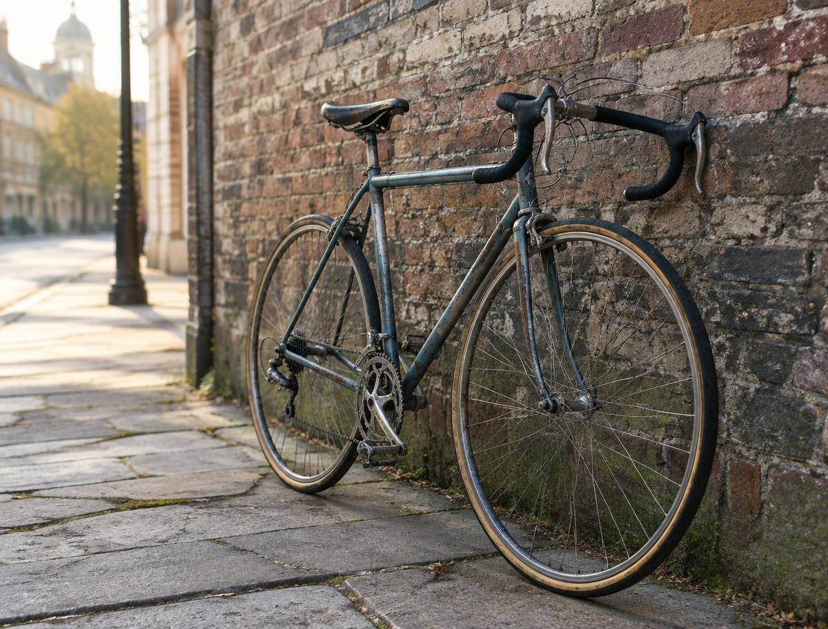 Gebrauchtes Rennrad lehnt an einer alten Backsteinmauer